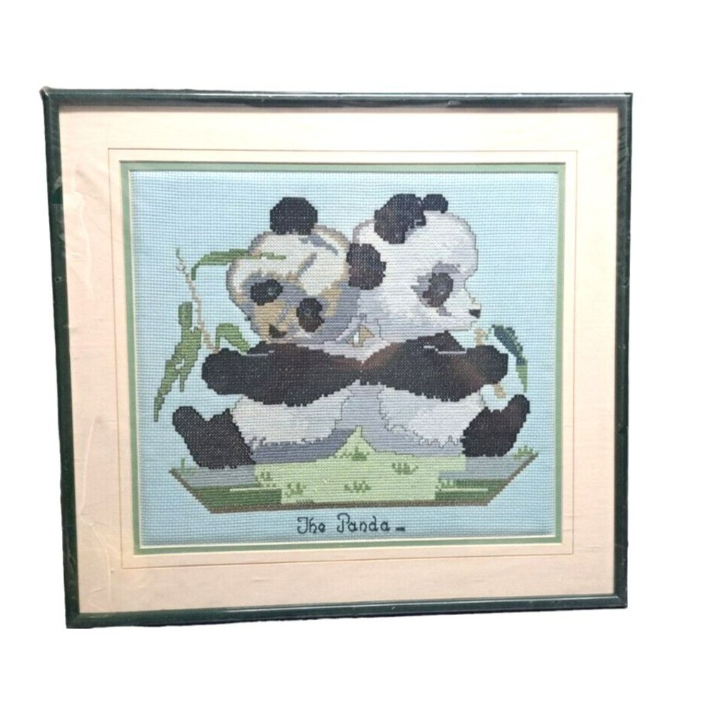Completed Handmade Framed Panda Bears‎ Cross Stitch Appx 16" x 18" THE PANDA